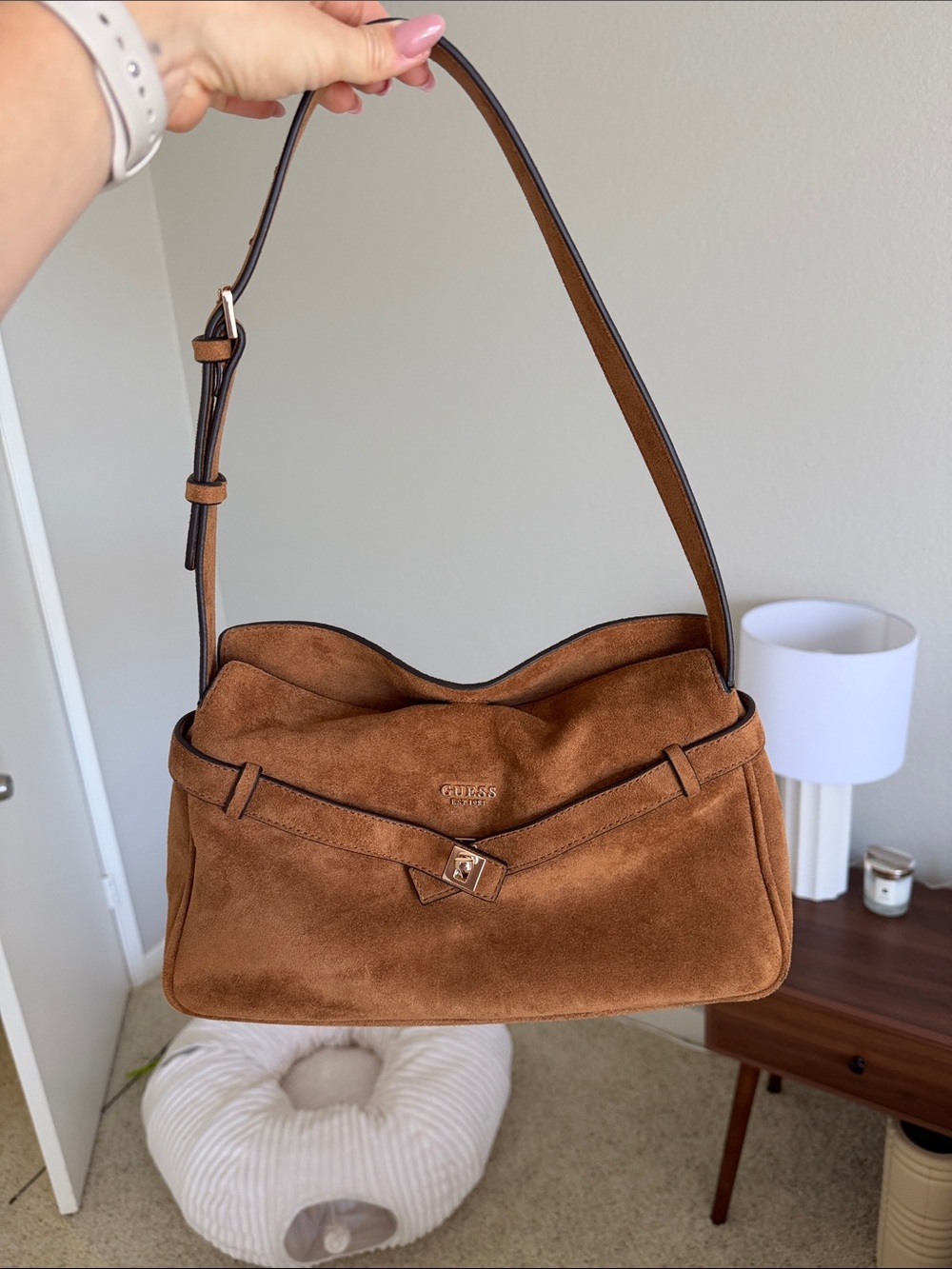 NEW GUESS Brown Suede Shoulder Bag with Gold Accent